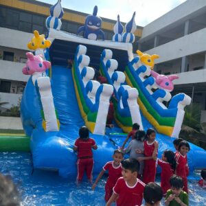 Shark-themed inflatable slide with splash pool for kids